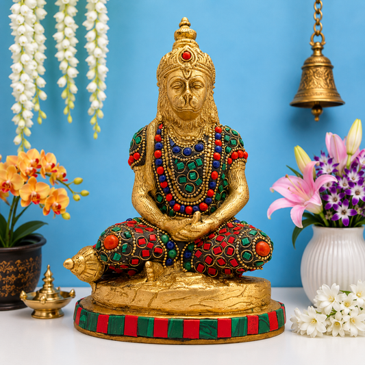 Brassaura™ ब्रास रत्न स्टोन वर्क मेडिटेशन हनुमान आइडल घर और सजावट के लिए, ऊंचाई 7.2 इंच और वज़न 1.8 किलोग्राम