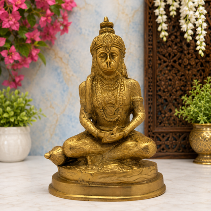 Brassaura® Hanuman Seated Meditation Pose Idol with Golden Finish | Pure Superfine Brass Handcrafted Murti | Brass Statue for Home Temple, Pooja Room | Height 7.2 Inches | Weight 1.6 Kgs