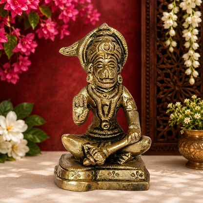 Brassaura® Hanuman Seated Blessing Pose Idol with Traditional Brass Finish | Pure Superfine Brass Handcrafted Murti | Brass Statue for Home Temple, Pooja Room | Height 4.4 Inches | Weight 0.25 Kgs