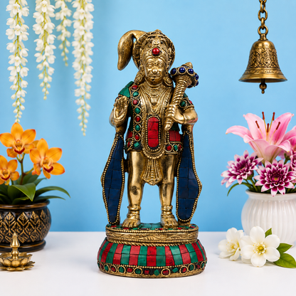 Brassaura® Lord Hanuman Standing Pose with Gada & Blessing Hand, Antique Silver Multi-Color Finish | Pure Superfine Brass Handcrafted Murti | Brass Statue for Home Temple, Pooja Room | Height 10 Inches | Weight 1.8 Kgs