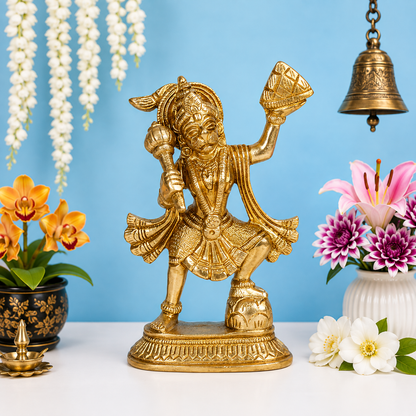 Brassaura® Lord Hanuman Dynamic Standing Pose with Gada & Sanjeevani Mountain, Golden Brass Finish | Pure Superfine Brass Handcrafted Murti | Brass Statue for Home Temple, Pooja Room | Height 6.8 Inches | Weight 0.62 Kgs