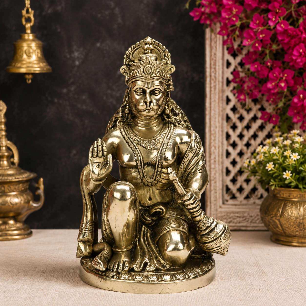 Brassaura® Lord Hanuman Seated Blessing Pose with Gada, Silver Finish | Pure Superfine Brass Handcrafted Murti | Brass Statue for Home Temple, Pooja Room | Height 9.2 Inches | Weight 3.3 Kgs
