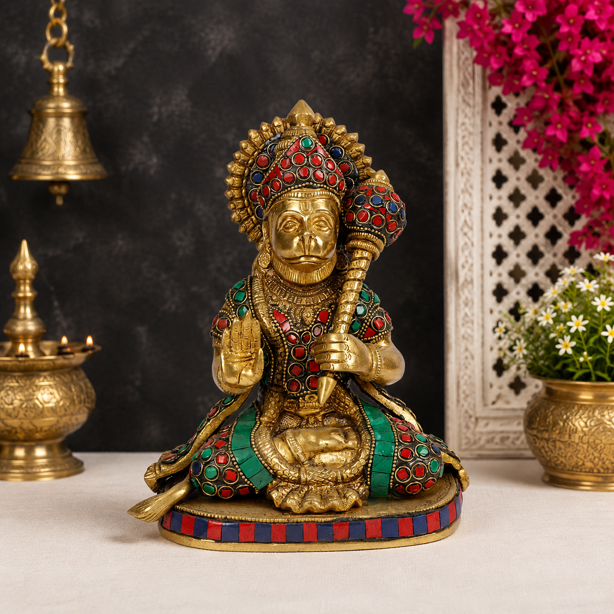 Brassaura® Lord Hanuman Seated Blessing Pose with Gada, Antique Gold & Multi-Color Finish | Pure Superfine Brass Handcrafted Murti | Brass Statue for Home Temple, Pooja Room | Height 9.2 Inches | Weight 2.8 Kgs