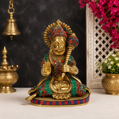 Brassaura® Lord Hanuman Seated Blessing Pose with Gada, Antique Gold & Multi-Color Finish | Pure Superfine Brass Handcrafted Murti | Brass Statue for Home Temple, Pooja Room | Height 9.2 Inches | Weight 2.8 Kgs