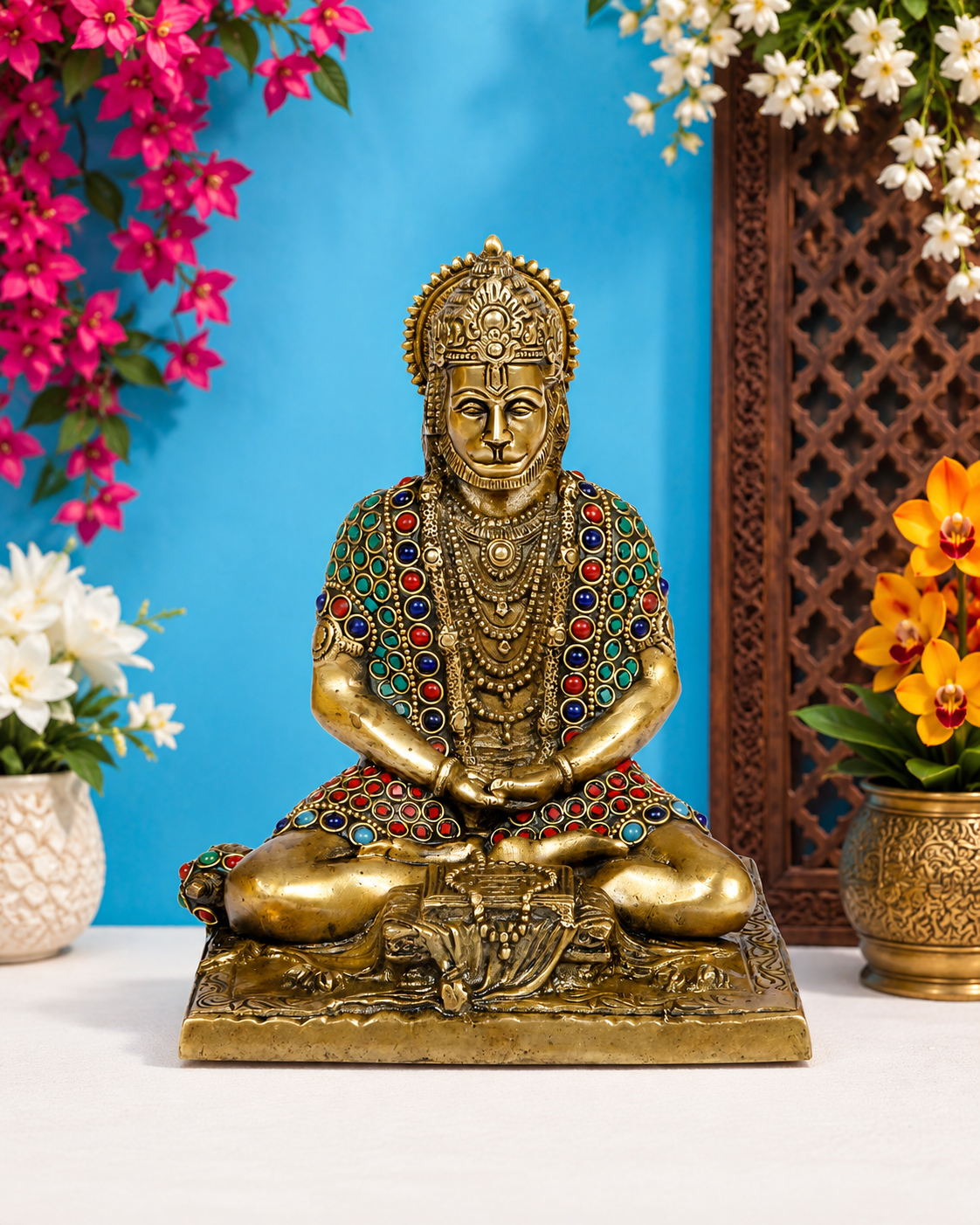 Brassaura® Lord Hanuman Seated Meditation Pose with Traditional Ornaments, Antique Gold & Multi-Color Finish | Pure Superfine Brass Handcrafted Murti | Brass Statue for Home Temple, Pooja Room | Height 9.2 Inches | Weight 2.7 Kgs
