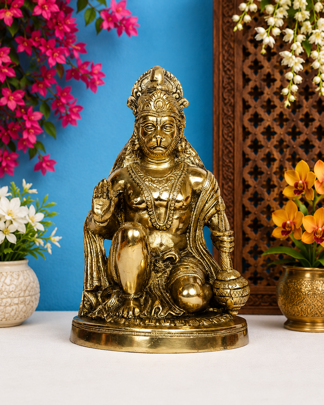 Brassaura® Lord Hanuman Seated Blessing Pose with Gada, Antique Gold Finish | Pure Superfine Brass Handcrafted Murti | Brass Statue for Home Temple, Pooja Room | Height 10.8 Inches | Weight 3.5 Kgs