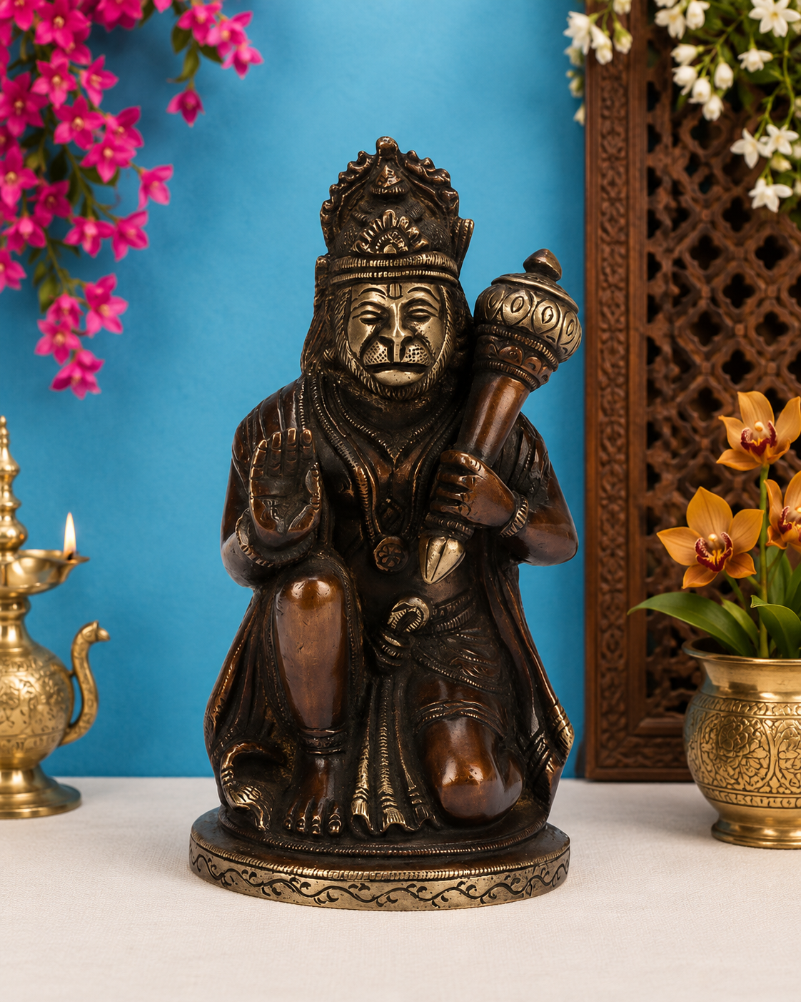 Brassaura® Lord Hanuman Kneeling Blessing Pose with Gada, Antique Dark Brass Finish | Pure Superfine Brass Handcrafted Murti | Brass Statue for Home Temple, Pooja Room | Height 6.8 Inches | Weight 1 Kg