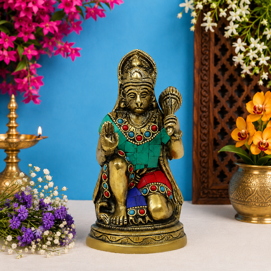 ब्रासौरस™ रत्न जड़ित ब्रास हनुमान मूर्ति – ऊंचाई 6.8 इंच और वज़न 1 किलोग्राम | मंदिर संग्रह