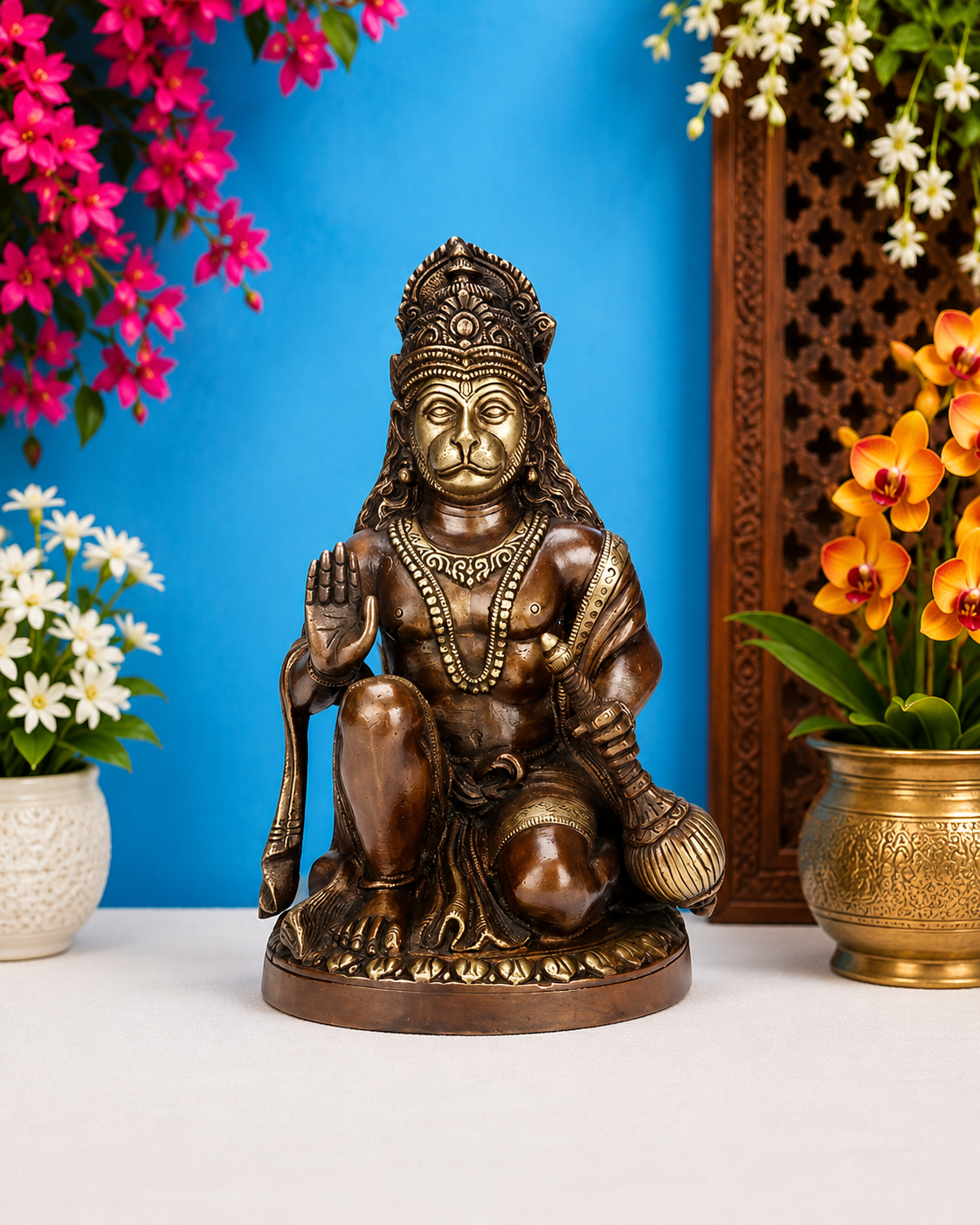 Brassaura® Lord Hanuman Kneeling Blessing Pose with Gada, Antique Brown Finish | Pure Superfine Brass Handcrafted Murti | Brass Statue for Home Temple, Pooja Room | Height 4 Inches | Weight 3.3 Kgs