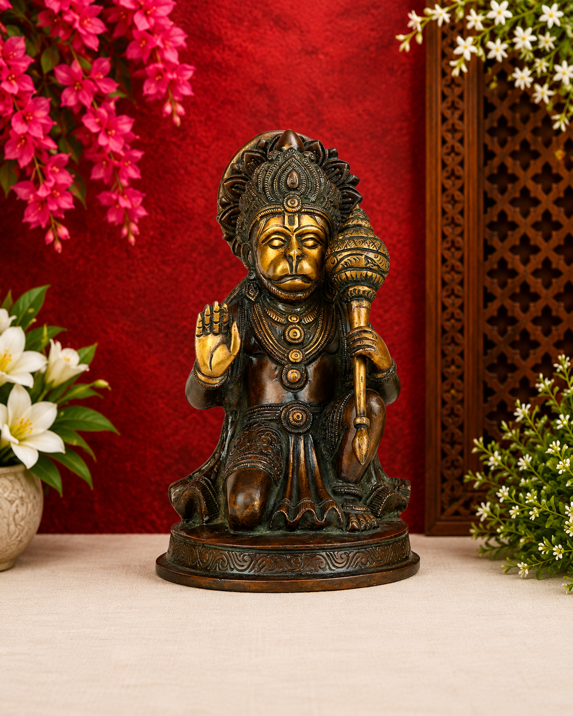 Brassaura® Hanuman Blessing Pose Idol with Gold And Copper Green Finish | Pure Superfine Brass Handcrafted Murti | Brass Statue for Home Temple, Pooja Room | Height 9 Inches | Weight 3.3 Kgs