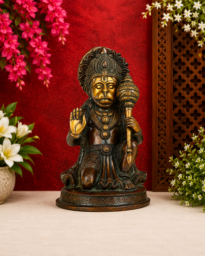 Brassaura® Hanuman Blessing Pose Idol with Gold And Copper Green Finish | Pure Superfine Brass Handcrafted Murti | Brass Statue for Home Temple, Pooja Room | Height 9 Inches | Weight 3.3 Kgs