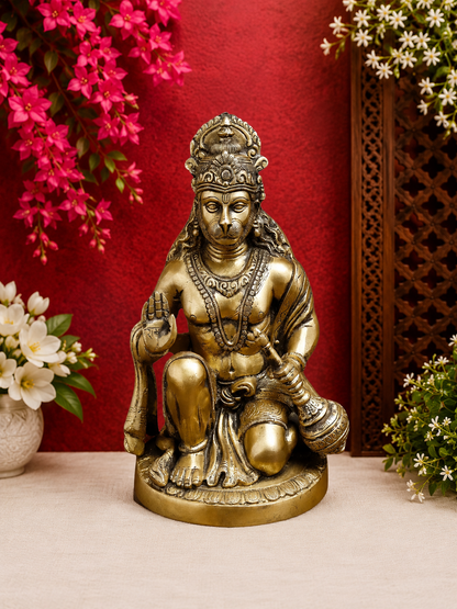 Brassaura® Hanuman Blessing Pose Idol with Golden Brass Finish | Pure Superfine Brass Handcrafted Murti | Brass Statue for Home Temple, Pooja Room | Height 9 Inches | Weight 3.6 Kgs