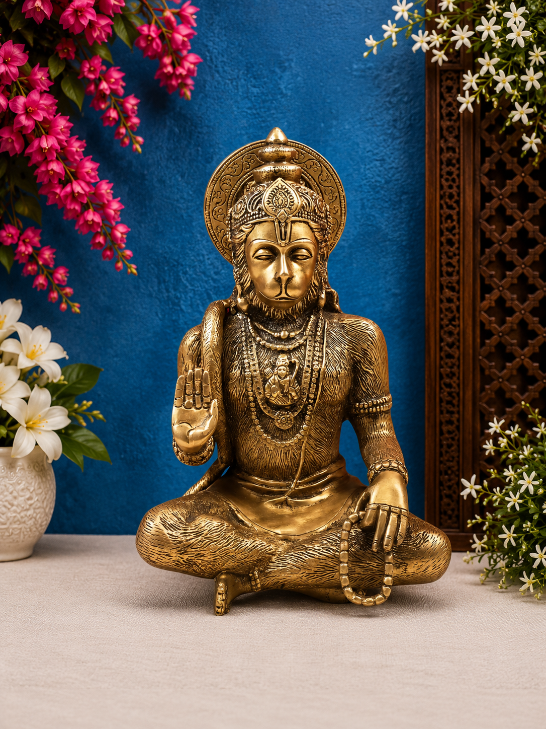 Brassaura® Hanuman Seated Blessing Idol with Gold And Copper Green Finish | Pure Superfine Brass Handcrafted Murti | Brass Statue for Home Temple, Pooja Room | Height 12 Inches | Weight 4.8 Kgs