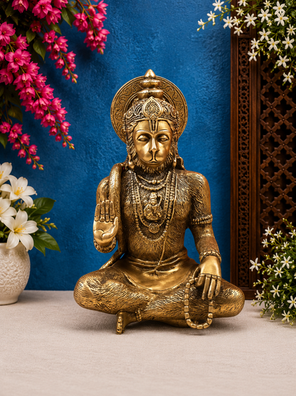 Brassaura® Hanuman Seated Blessing Idol with Gold And Copper Green Finish | Pure Superfine Brass Handcrafted Murti | Brass Statue for Home Temple, Pooja Room | Height 12 Inches | Weight 4.8 Kgs