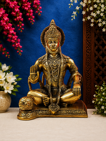 Brassaura® Hanuman Seated Blessing Idol with Natural Golden Brass Finish | Pure Superfine Brass Handcrafted Murti | Brass Statue for Home Temple, Pooja Room | Height 9.3 Inches | Weight 4.2 Kgs