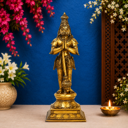 Brassaura® Hanuman Standing Namaskar Pose Idol with Golden Brass Finish | Pure Superfine Brass Handcrafted Murti | Brass Statue for Home Temple, Pooja Room | Height 16 Inches | Weight 4.38 Kgs