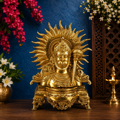 Brassaura® Hanuman Bust Idol with Golden Butter Brass Finish | Pure Superfine Brass Handcrafted Murti | Brass Statue for Home Temple, Pooja Room | Height 14 Inches | Weight 7.36 Kgs