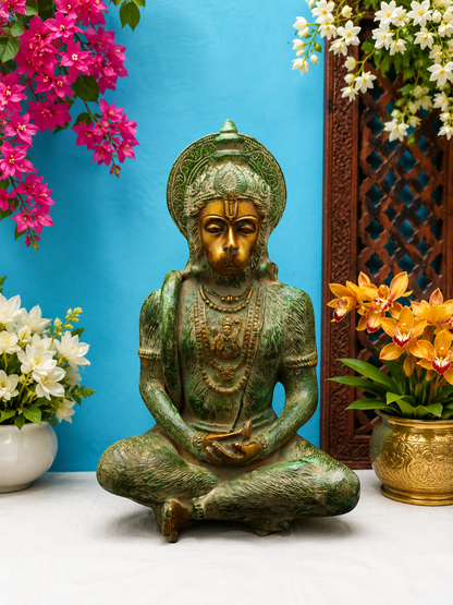 Brassaura® Hanuman Dhyana Mudra Idol with Vintage Green and Gold Finish | Pure Superfine Brass Handcrafted Murti | Brass Statue for Home Temple, Pooja Room | Height 11 Inches | Weight 4.7 Kgs