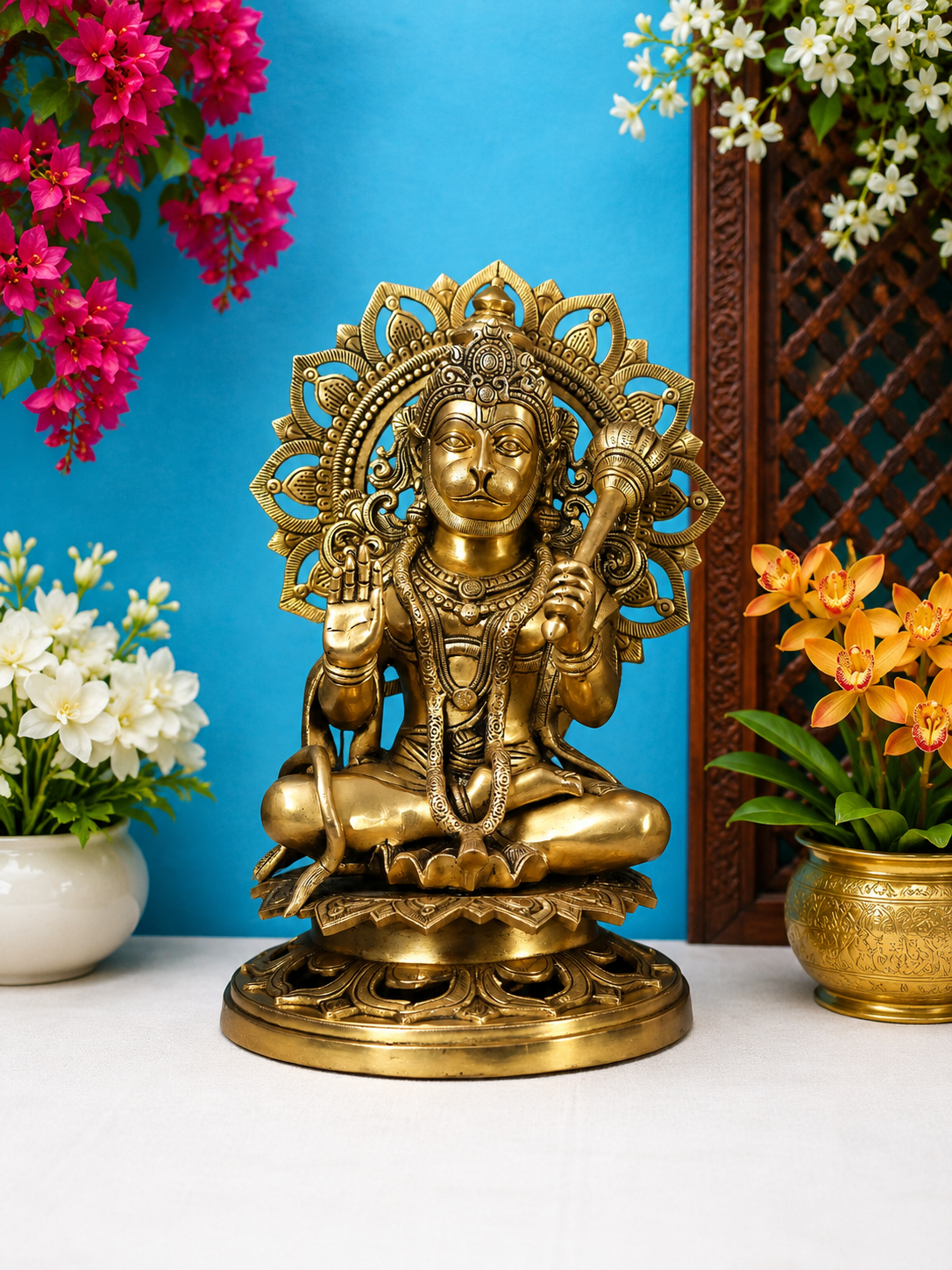 Brassaura® Hanuman Seated Blessing Pose Idol with Golden Brass Finish | Pure Superfine Brass Handcrafted Murti | Brass Statue for Home Temple, Pooja Room | Height 18 Inches | Weight 19 Kgs