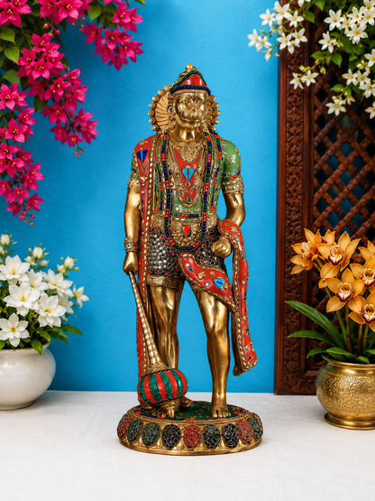 Brassaura® Hanuman Standing Idol with Golden Butter Brass and Meenakari Finish | Pure Superfine Brass Handcrafted Murti | Brass Statue for Home Temple, Pooja Room | Height 24 Inches | Weight 13.5 Kgs