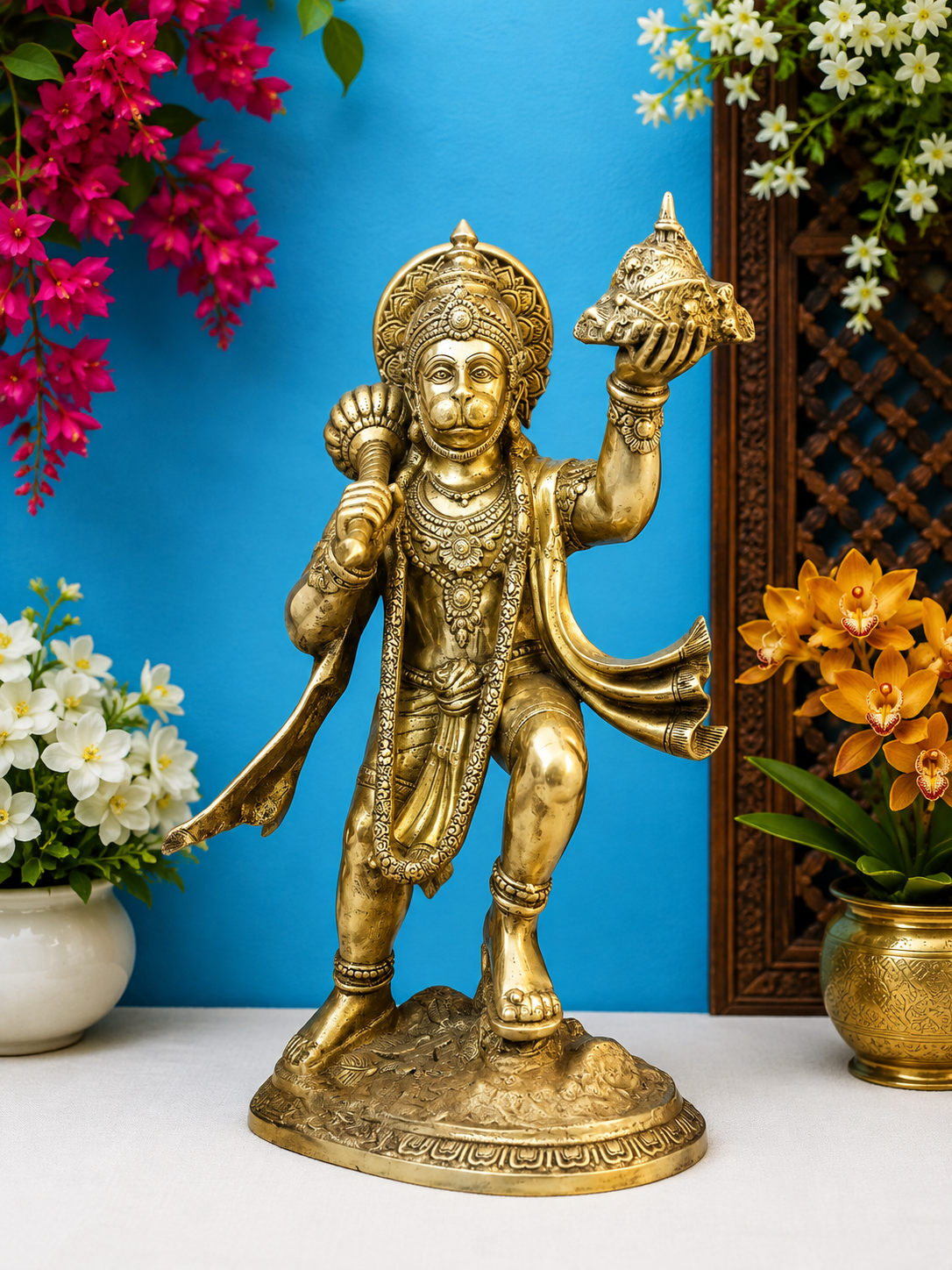 Brassaura® Hanuman Carrying Parbat Idol with Golden Butter Brass Finish | Pure Superfine Brass Handcrafted Murti | Brass Statue for Home Temple, Pooja Room | Height 27 Inches | Weight 25.3 Kgs
