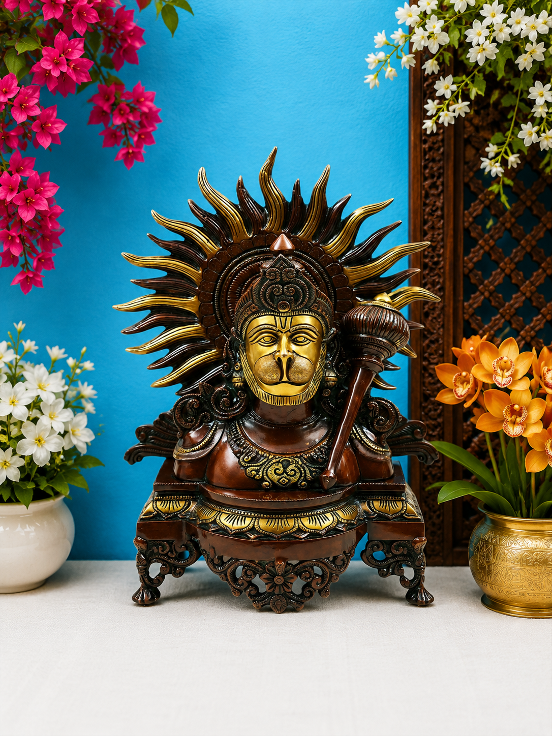 Brassaura® Hanuman Bust Idol with Golden Butter Brass and Copper Brown Finish | Pure Superfine Brass Handcrafted Murti | Brass Statue for Home Temple, Pooja Room | Height 14 Inches | Weight 7.36 Kgs