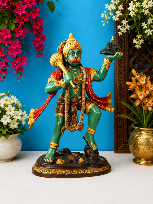 Brassaura® Hanuman Carrying Parbat Idol with Handpainted Multi-Colour Finish | Pure Superfine Brass Handcrafted Murti | Brass Statue for Home Temple, Pooja Room | Height 27 Inches | Weight 26 Kgs