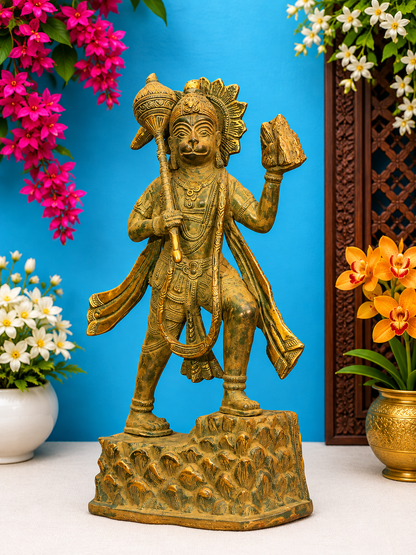 Brassaura® Pavanputra Hanuman Standing Idol Carrying Parbat with Antique Green and Gold Finish | Pure Superfine Brass Handcrafted Murti | Brass Statue for Home Temple, Pooja Room | Height 16 Inches | Weight 4.5 Kgs