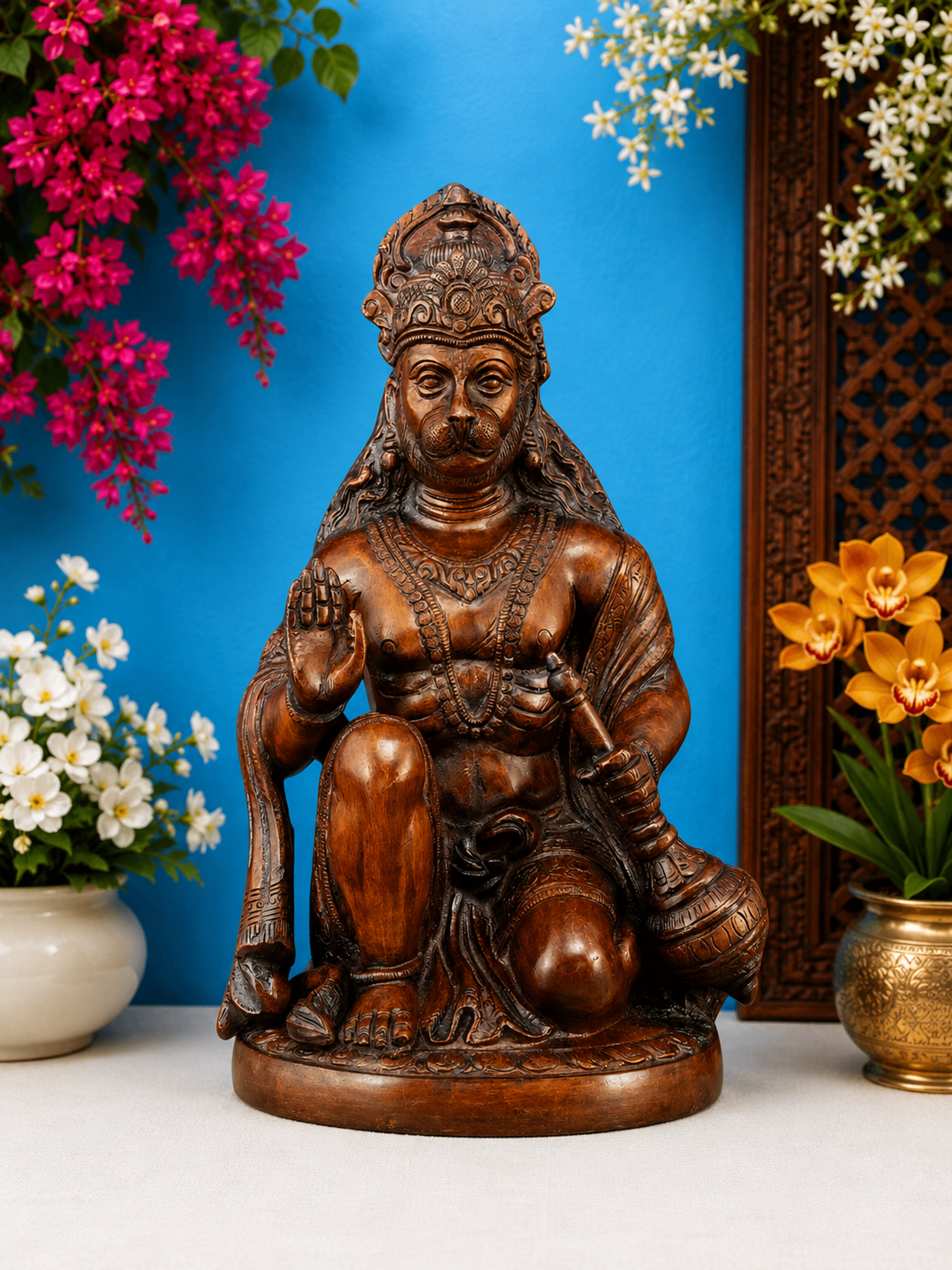 Brassaura® Hanuman Seated Blessing Pose Idol with Golden Brass Finish | Pure Superfine Brass Handcrafted Murti | Brass Statue for Home Temple, Pooja Room | Height 9 Inches | Weight 3.6 Kgs