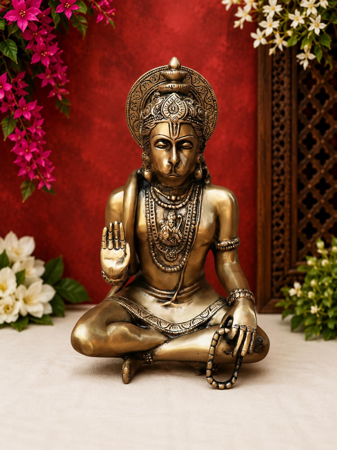 Brassaura® Hanuman Seated Blessing Pose Idol with Golden Brass Finish | Pure Superfine Brass Handcrafted Murti | Brass Statue for Home Temple, Pooja Room | Height 8 Inches | Weight 4.6 Kgs