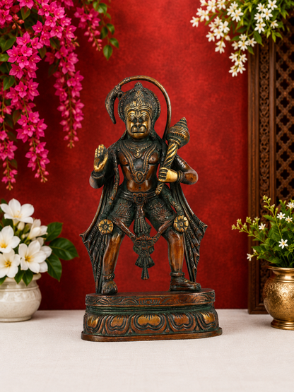 Brassaura® Hanuman Standing Idol with Gada and Blessing Pose with Gold and Copper Green Finish | Pure Superfine Brass Handcrafted Murti | Brass Statue for Home Temple, Pooja Room | Height 12 Inches | Weight 3.4 Kgs