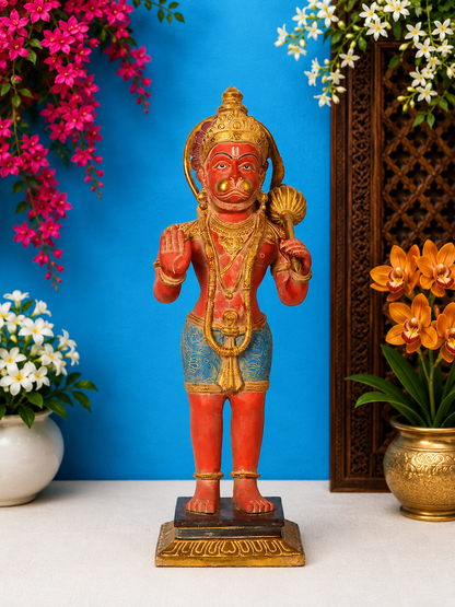 Brassaura® Hanuman Standing Blessing Pose Idol with Vermillion Red and Gold Finish | Pure Superfine Brass Handcrafted Murti | Brass Statue for Home Temple, Pooja Room | Height 23 Inches | Weight 12.8 Kgs