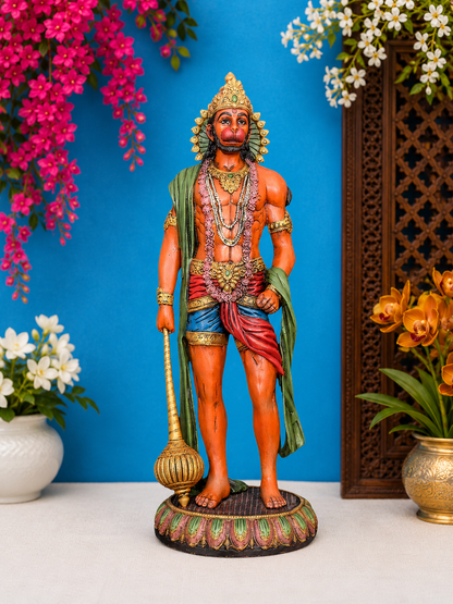 Brassaura® Hanuman Standing Idol with Handpainted Multi-Colour Finish | Pure Superfine Brass Handcrafted Murti | Brass Statue for Home Temple, Pooja Room | Height 23 Inches | Weight 12.2 Kgs