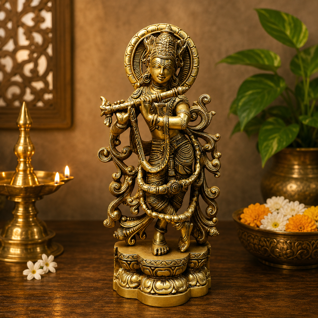 Brassaura® Chola Style Lord Krishna Playing Flute Idol | Pure Brass Handcrafted Antique Golden Finish Murti for Home Temple & Spiritual Décor | Height 16 Inches | Weight 6.5 Kgs