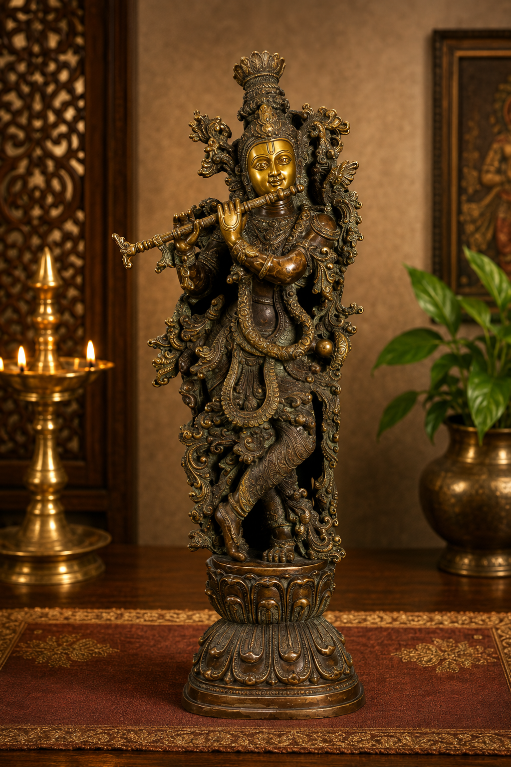 Brassaura® Lord Krishna Playing Flute Idol with Ornamental Floral Vines | Pure Brass Handcrafted Antique Brown & Golden Finish Murti for Home Temple & Luxury Décor | Height 29 Inches | Weight 15 Kgs