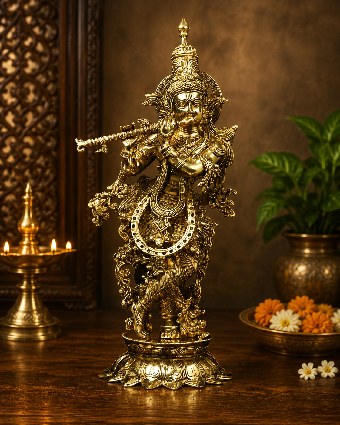 Brassaura® Handcrafted Brass Lord Krishna Idol Playing Flute | Pure Brass Krishna Murti for Home Temple, Living Room & Spiritual Décor | Height 26 Inches | Weight 13.3 Kgs