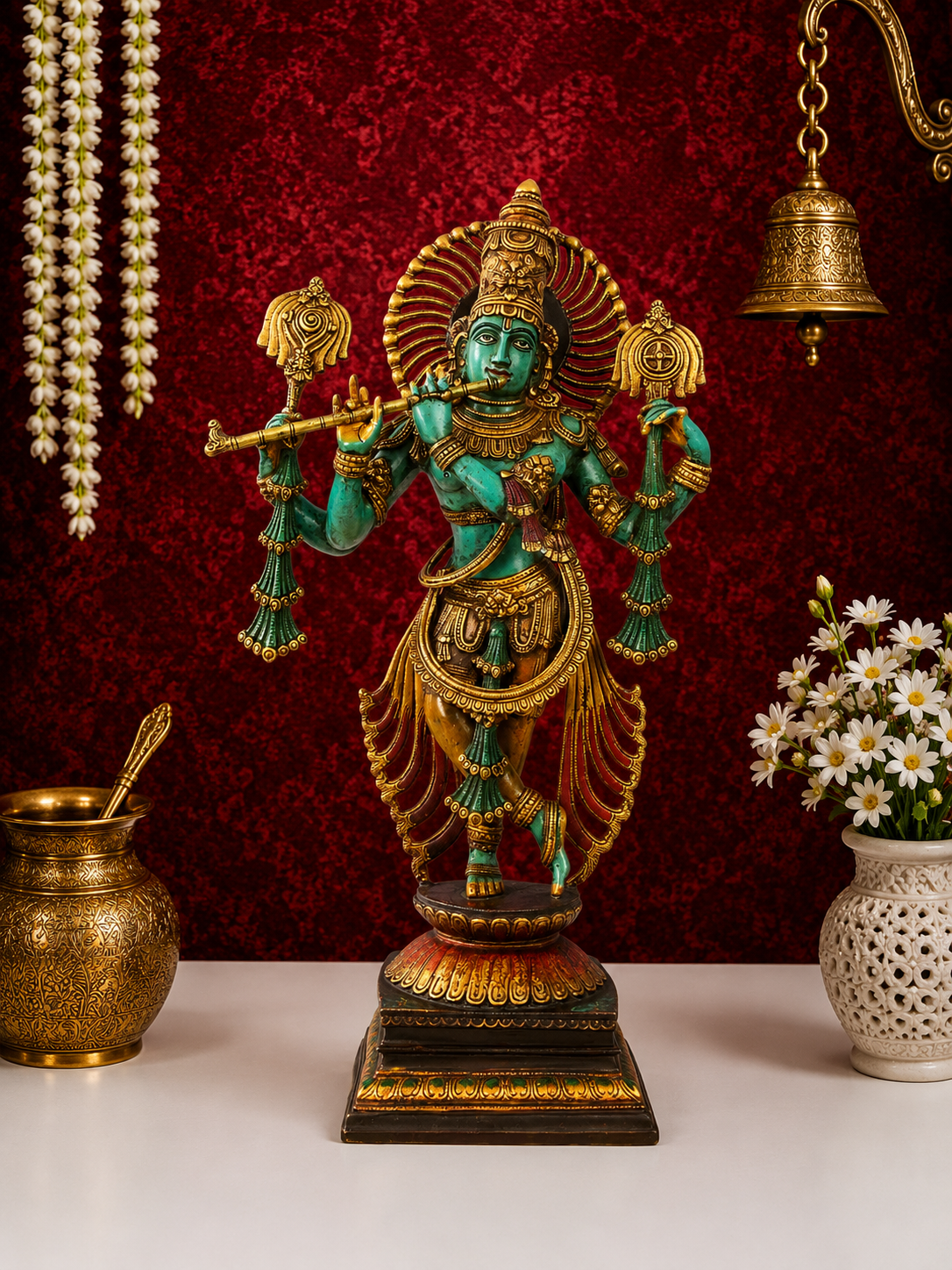Brassaura® Handcrafted Vintage Finish Brass Lord Krishna Idol Playing Flute | Premium Colourful Krishna Murti for Home Temple & Luxury Décor | Height 31 Inches | Weight 25.2 Kgs