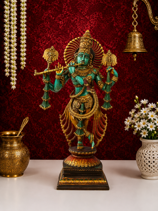 Brassaura® Handcrafted Vintage Finish Brass Lord Krishna Idol Playing Flute | Premium Colourful Krishna Murti for Home Temple & Luxury Décor | Height 31 Inches | Weight 25.2 Kgs