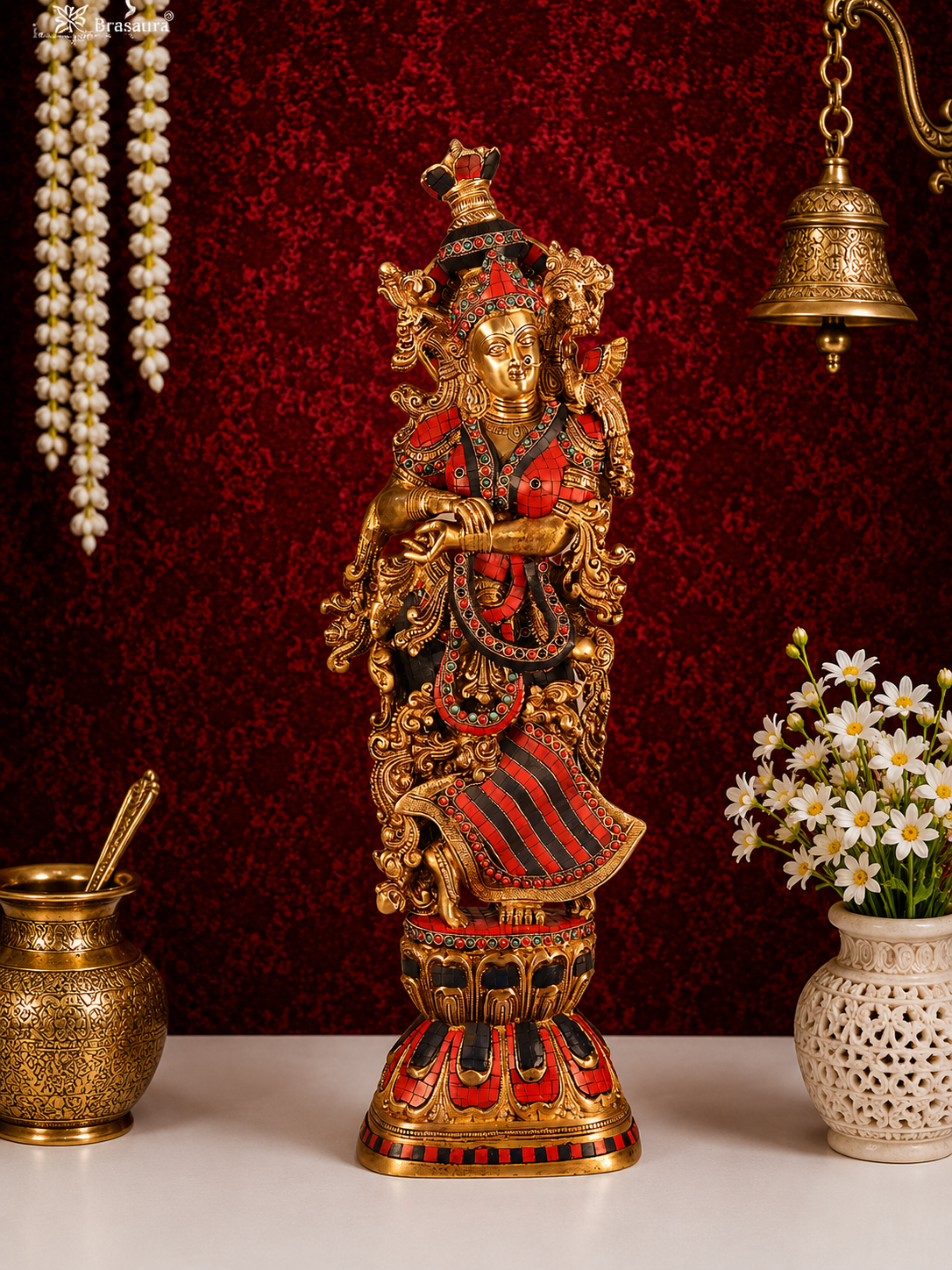 Brassaura® Handcrafted Meenakari & Stone Work Brass Radha Idol | Premium Multicolour Brass Radha Murti for Home Temple & Luxury Décor | Height 30 Inches | Weight 16 Kgs