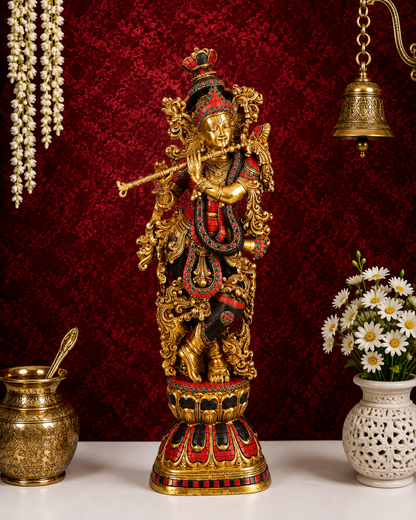 Brassaura® Handcrafted Meenakari & Stone Work Brass Krishna Idol | Premium Multicolour Brass Lord Krishna Playing Flute Murti for Home Temple & Luxury Décor | Height 30 Inches | Weight 16 Kgs