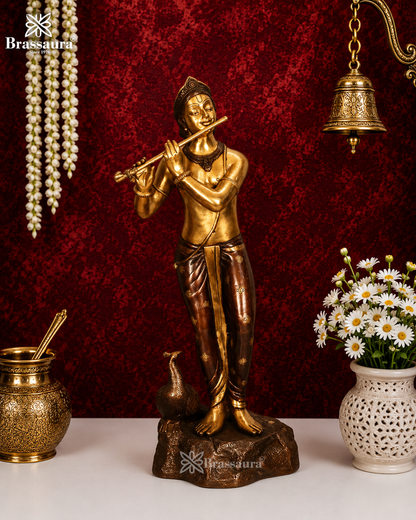 पीतल मुरली धारी कृष्ण मूर्ति का वज़न 14.5 किलोग्राम और ऊँचाई 28.2 इंच है