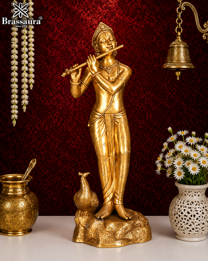 Brassaura® Handcrafted Muralidhara Brass Krishna Idol | Premium Golden Brass Lord Krishna Playing Flute Murti with Peacock for Home Temple & Luxury Décor | Height 29 Inches | Weight 14.8 Kgs