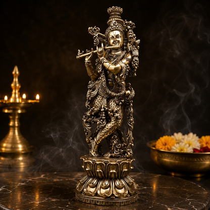 Brassaura® Handcrafted Muralidhari Brass Krishna Idol | Premium Lord Krishna Playing Flute Murti on Lotus Pedestal for Home Temple & Spiritual Décor | Height 11 Inches | Weight 1.1 Kgs