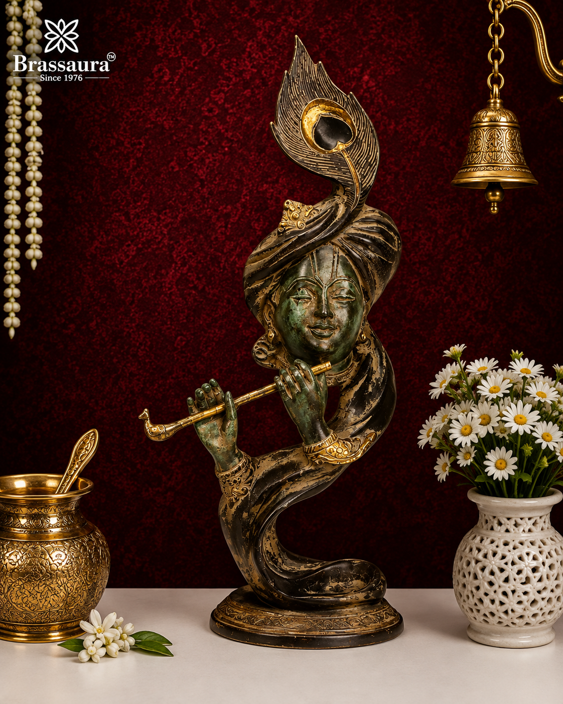 Brassaura® Artistic Handcrafted Brass Krishna Décor | Abstract Lord Krishna Playing Flute Sculpture with Peacock Feather Design | Vintage Green & Gold Finish | Height 20 Inches | Weight 7.9 Kgs