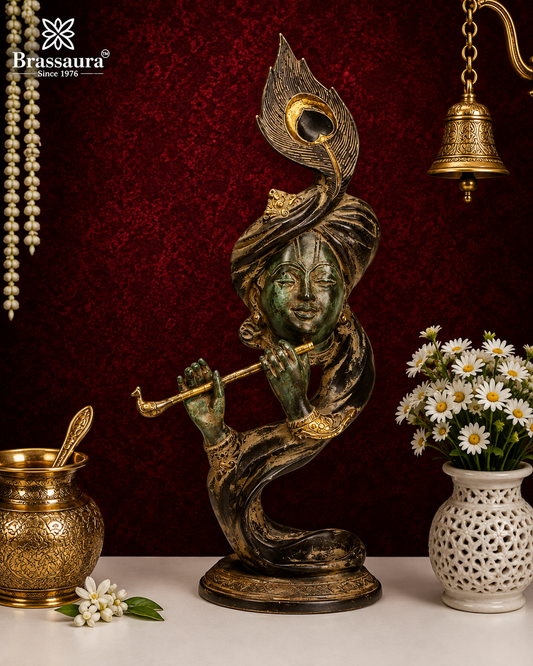 Brassaura® Artistic Handcrafted Brass Krishna Décor | Abstract Lord Krishna Playing Flute Sculpture with Peacock Feather Design | Vintage Green & Gold Finish | Height 20 Inches | Weight 7.9 Kgs