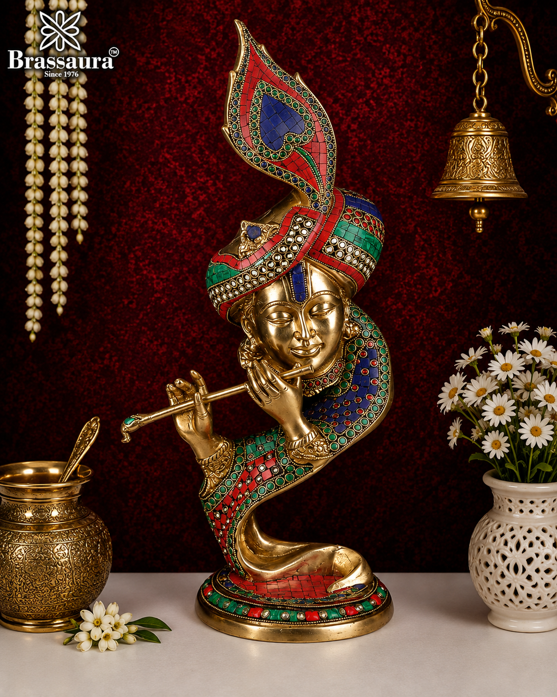 Brassaura® Artistic Handcrafted Brass Krishna Décor | Abstract Lord Krishna Playing Flute Sculpture with Semi-Precious Stone Inlay Work | Multicolour & Muted Golden Brass Finish | Height 20 Inches | Weight 7.9 Kgs