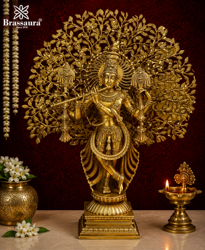 Brassaura® Artistic Superfine Chaturbhuja Lord Krishna Statue with Sacred Tree | Handcrafted Brass Krishna Playing Flute Idol | Premium Golden Brass Finish | Height 36 Inches | Weight 66 Kgs