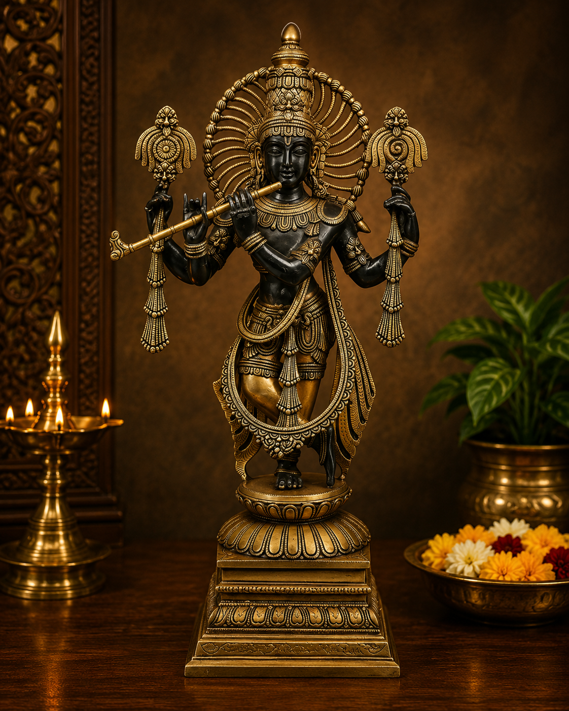 Brassaura® Lord Krishna Playing Flute Standing Idol with Golden & Charcoal Black Finish | Pure Superfine Brass Handcrafted Murti | Brass Statue for Home Temple, Pooja Room | Height 24 Inches | Weight 14 Kgs