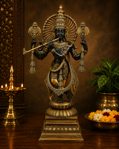Brassaura® Lord Krishna Playing Flute Standing Idol with Golden & Charcoal Black Finish | Pure Superfine Brass Handcrafted Murti | Brass Statue for Home Temple, Pooja Room | Height 24 Inches | Weight 14 Kgs