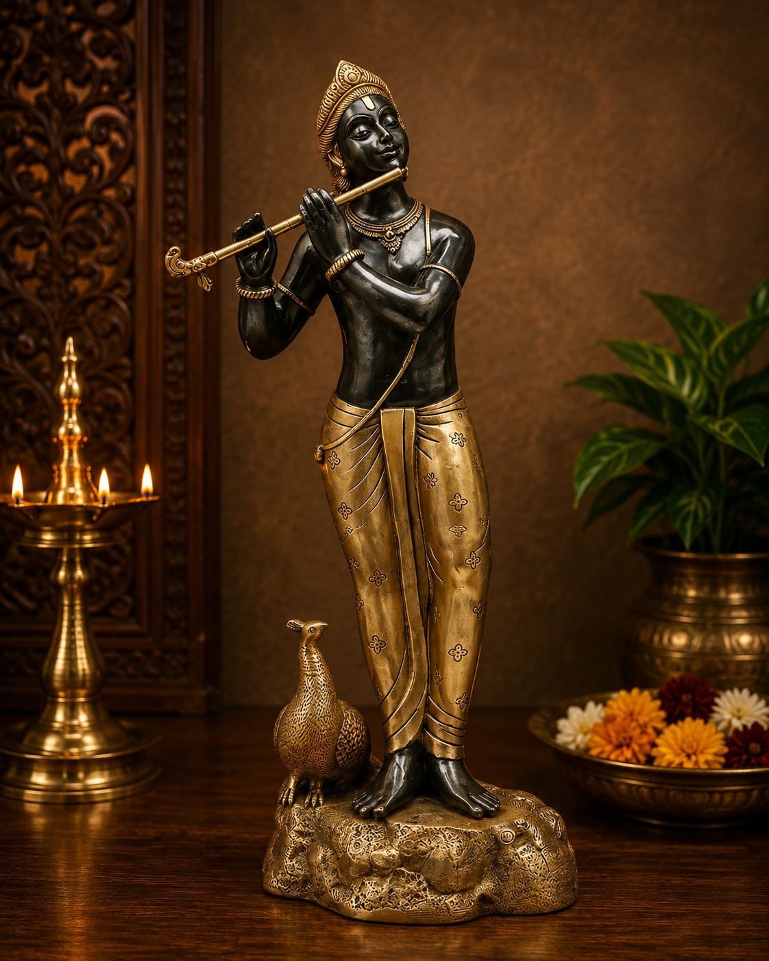 Brassaura® Lord Krishna Playing Flute Standing Idol with Black & Golden Finish | Pure Superfine Brass Handcrafted Murti | Brass Statue for Home Temple, Pooja Room | Height 30 Inches | Weight 14.6 Kgs